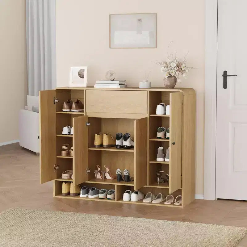 Meuble de rangement à chaussures autoportant de 120 cm avec 4 portes, 1 tiroir et coins arrondis, organiseur étroit grande capacité pour entrée, couloir et salon