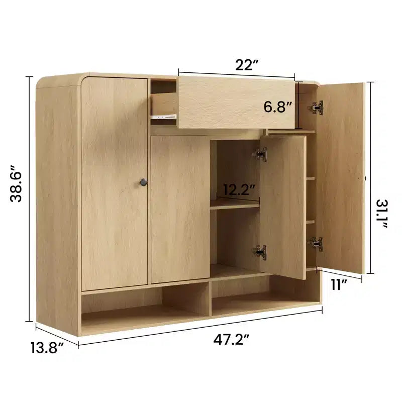 Meuble de rangement à chaussures autoportant de 120 cm avec 4 portes, 1 tiroir et coins arrondis, organiseur étroit grande capacité pour entrée, couloir et salon