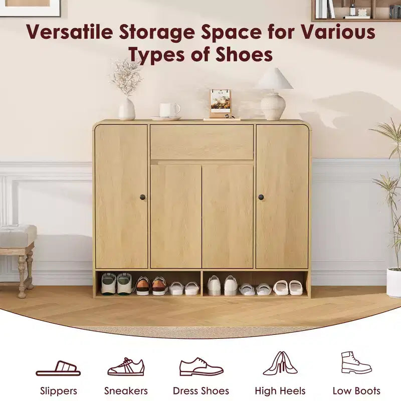 Meuble de rangement à chaussures autoportant de 120 cm avec 4 portes, 1 tiroir et coins arrondis, organiseur étroit grande capacité pour entrée, couloir et salon