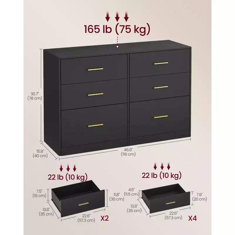 VASAGLE Collection CUSTOS - Commode pour chambre, meuble de rangement pour dressing, style moderne, meuble TV pour salon, 6 tiroirs