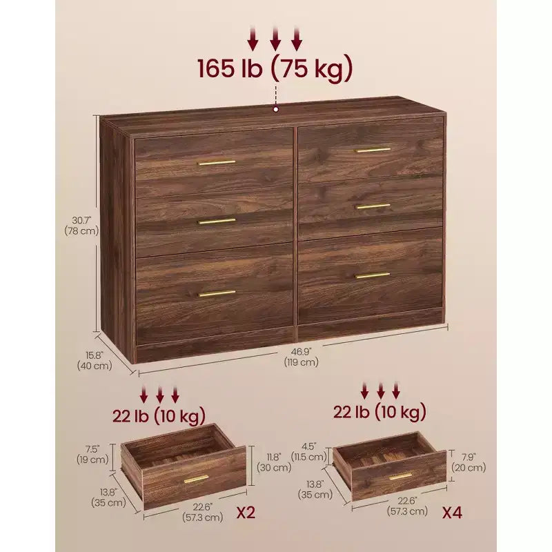 VASAGLE Collection CUSTOS - Commode pour chambre, meuble de rangement pour dressing, style moderne, meuble TV pour salon, 6 tiroirs