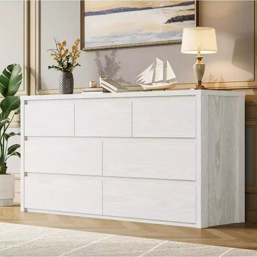 Acekool Bedroom Living Room Entryway 7 Drawer Wide Dresser Wooden Chest of Drawers Storage Organizer Modern White Finish
