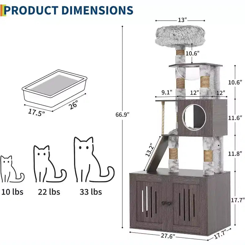 Arbre à chat avec abri litière, tour à chat en bois de 170 cm de haut avec capsule transparente et hamac douillet, meuble litière avec poteaux à griffer