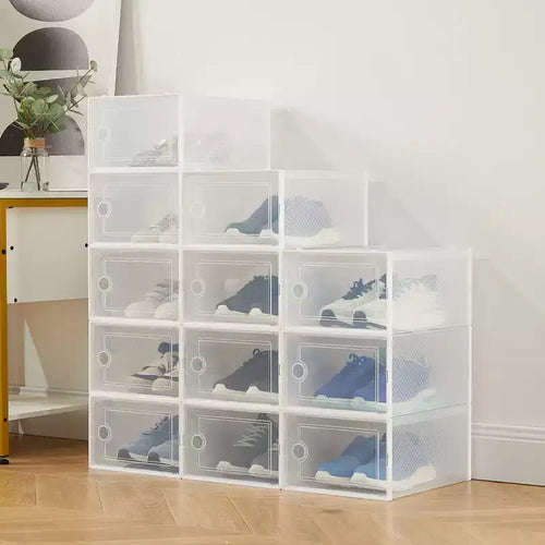 12 PCS Transparent Plastic Foldable Shoe Boxes, Stackable Shoe Storage Organizers with Lids for Closet Shoe