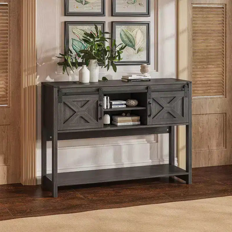Console rustique de ferme 46 avec porte coulissante de grange, table de canapé d'entrée avec tiroirs et étagère réglable