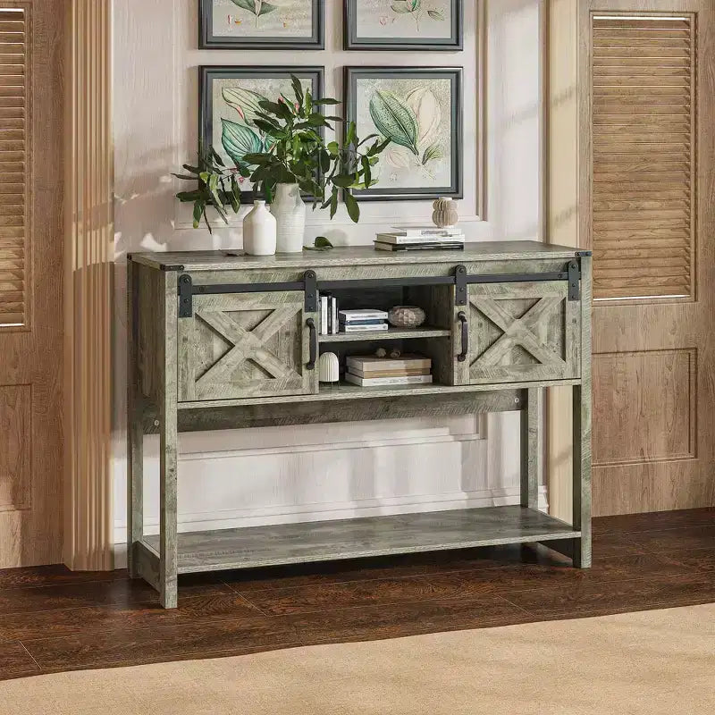 Console rustique de ferme 46 avec porte coulissante de grange, table de canapé d'entrée avec tiroirs et étagère réglable