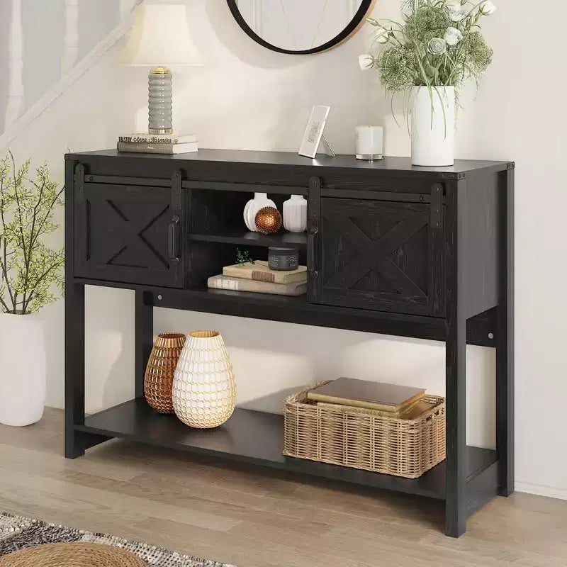 Rustic Farmhouse Console Table 46 with Sliding Barn Door, Entryway Sofa Table with Drawers and Adjustable Shelf