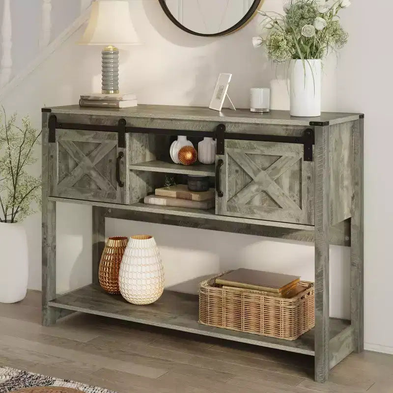 Console rustique de ferme 46 avec porte coulissante de grange, table de canapé d'entrée avec tiroirs et étagère réglable