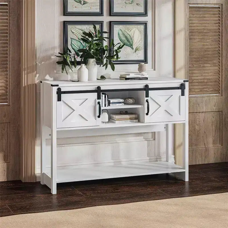 Console rustique de ferme 46 avec porte coulissante de grange, table de canapé d'entrée avec tiroirs et étagère réglable