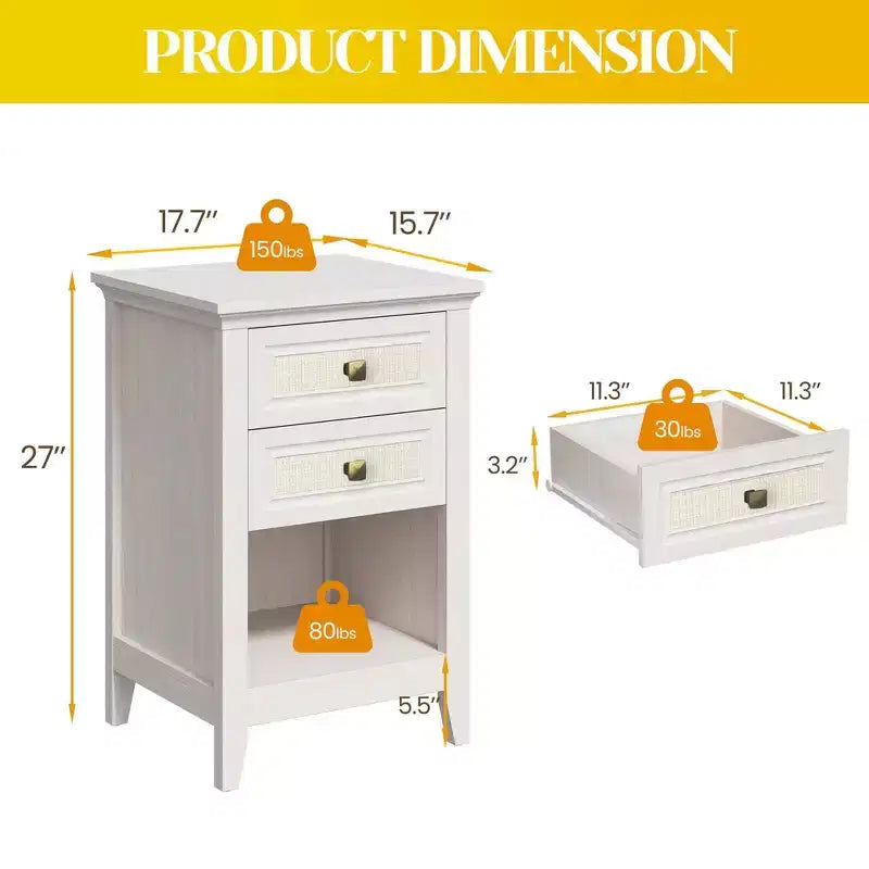 Tables de chevet en rotin blanc grisâtre, lot de 2, tables de chevet bohème de 68,5 cm de haut avec tiroir, tables d'appoint de chambre à coucher, rangement pour petits espaces