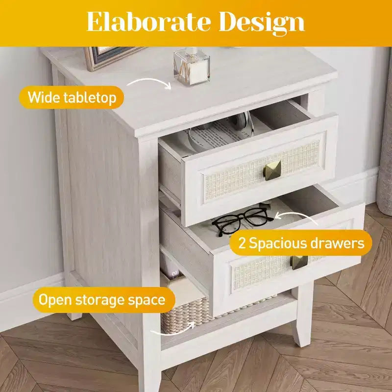 Tables de chevet en rotin blanc grisâtre, lot de 2, tables de chevet bohème de 68,5 cm de haut avec tiroir, tables d'appoint de chambre à coucher, rangement pour petits espaces