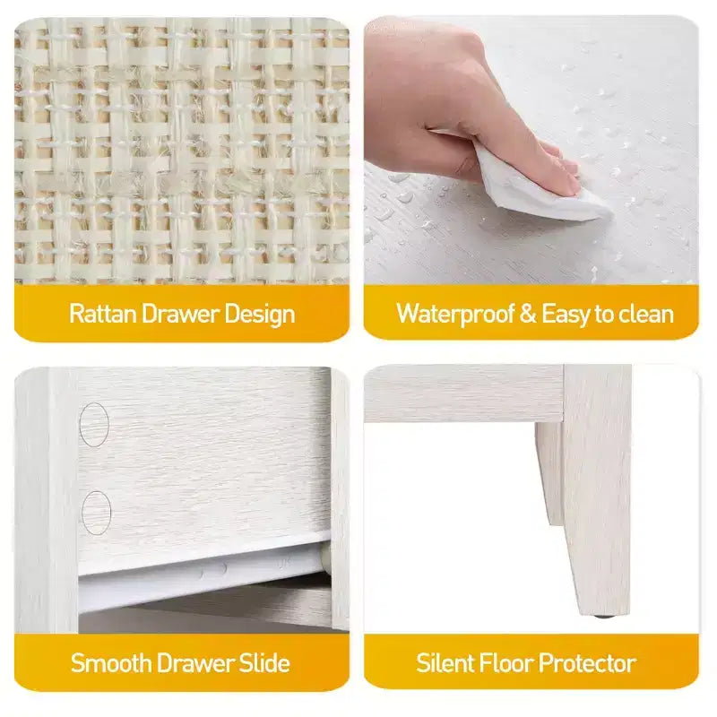 Tables de chevet en rotin blanc grisâtre, lot de 2, tables de chevet bohème de 68,5 cm de haut avec tiroir, tables d'appoint de chambre à coucher, rangement pour petits espaces