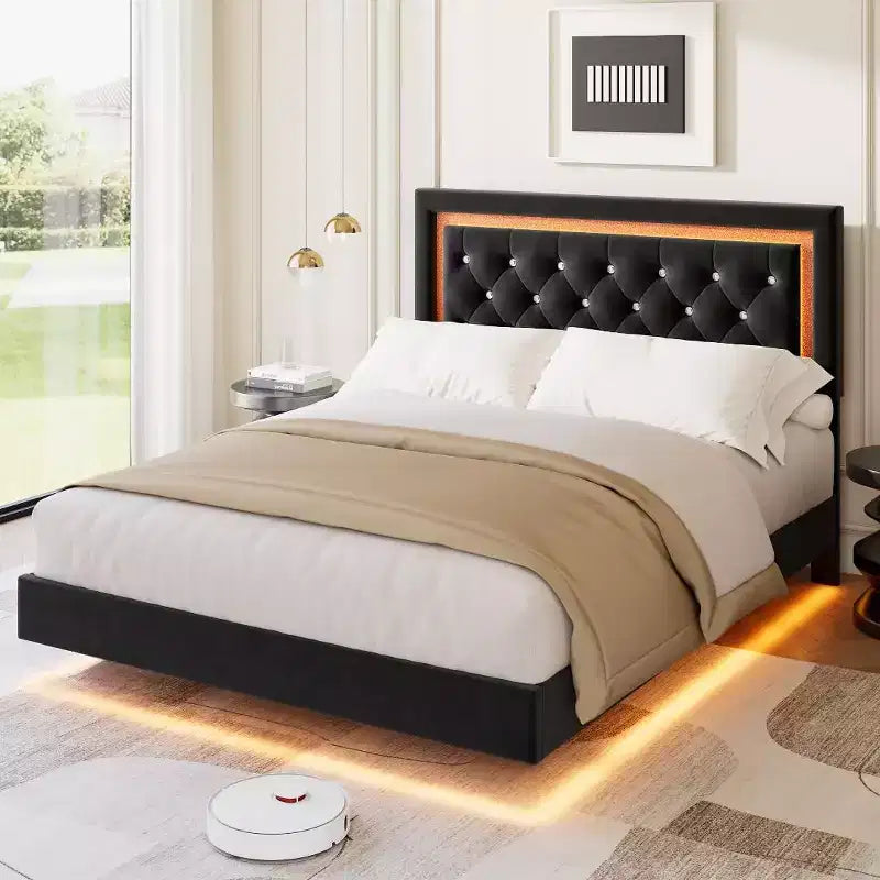 Floating Bed Frame with Diamond Headboard, Upholstered Platform Bed, Wood Slats Support, No Box Spring Needed, Easy Assembly