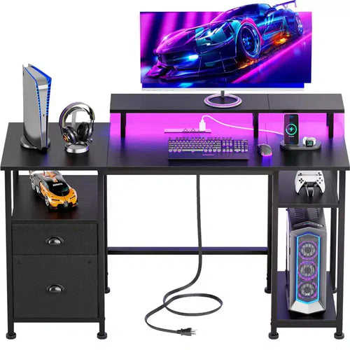 51 Inch Black Reversible Computer Gaming Desk with Monitor Stand File Cabinet Storage Shelves LED Power Outlets for Home Office PC Workstation Table