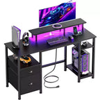 Bureau d'ordinateur de jeu réversible noir de 51 pouces avec support d'écran, classeur, étagères de rangement et prises d'alimentation LED pour table de travail PC de bureau à domicile