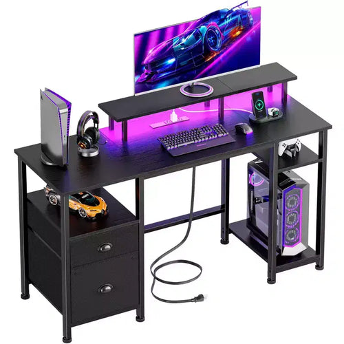 Bureau d'ordinateur de jeu réversible noir de 51 pouces avec support d'écran, classeur, étagères de rangement et prises d'alimentation LED pour table de travail PC de bureau à domicile