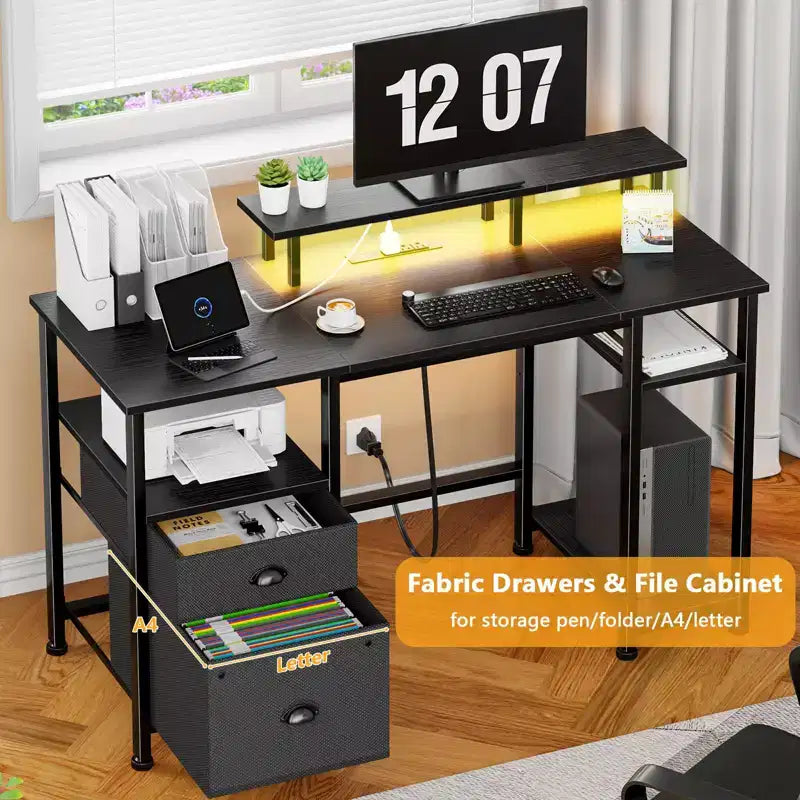 Bureau d'ordinateur de jeu réversible noir de 51 pouces avec support d'écran, classeur, étagères de rangement et prises d'alimentation LED pour table de travail PC de bureau à domicile