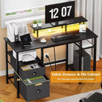 Bureau d'ordinateur de jeu réversible noir de 51 pouces avec support d'écran, classeur, étagères de rangement et prises d'alimentation LED pour table de travail PC de bureau à domicile