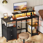 Bureau d'ordinateur de jeu réversible noir de 51 pouces avec support d'écran, classeur, étagères de rangement et prises d'alimentation LED pour table de travail PC de bureau à domicile