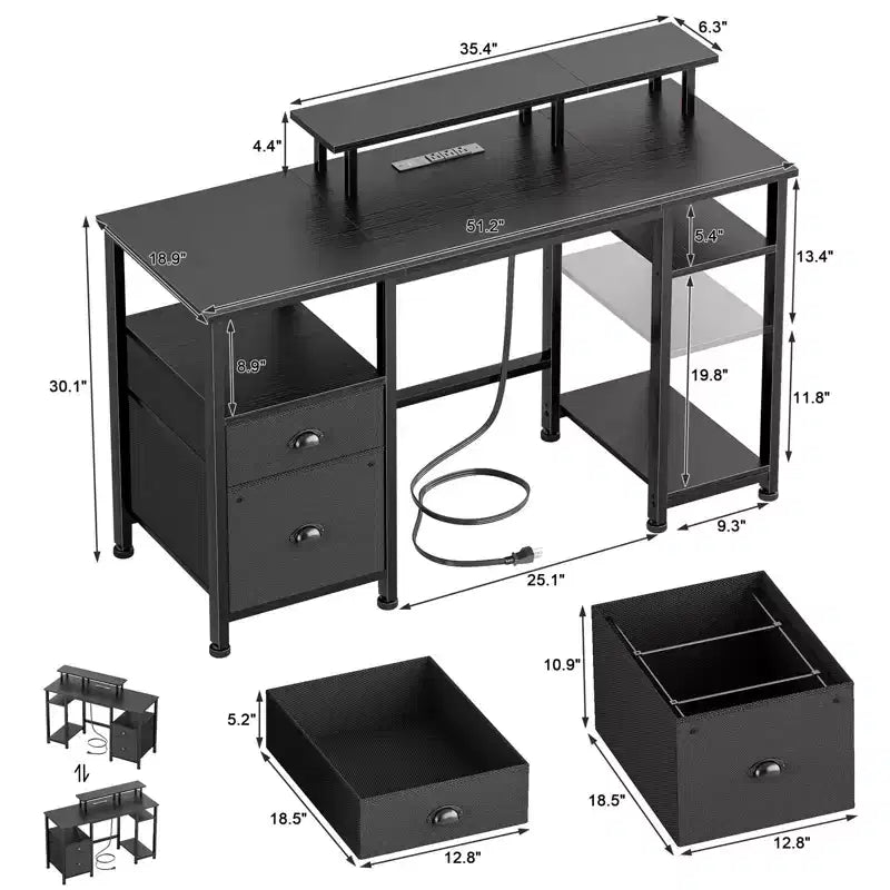 Bureau d'ordinateur de jeu réversible noir de 51 pouces avec support d'écran, classeur, étagères de rangement et prises d'alimentation LED pour table de travail PC de bureau à domicile