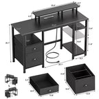 Bureau d'ordinateur de jeu réversible noir de 51 pouces avec support d'écran, classeur, étagères de rangement et prises d'alimentation LED pour table de travail PC de bureau à domicile