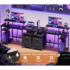 Bureau d'ordinateur de jeu réversible noir de 51 pouces avec support d'écran, classeur, étagères de rangement et prises d'alimentation LED pour table de travail PC de bureau à domicile