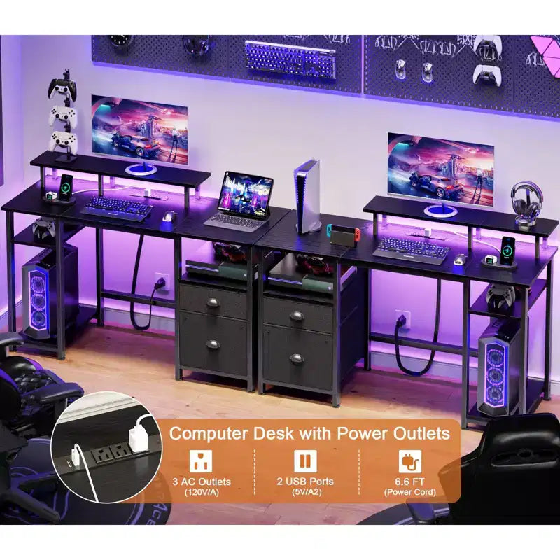 Bureau d'ordinateur de jeu réversible noir de 51 pouces avec support d'écran, classeur, étagères de rangement et prises d'alimentation LED pour table de travail PC de bureau à domicile