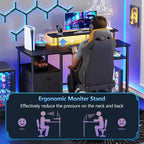 Bureau d'ordinateur de jeu réversible noir de 51 pouces avec support d'écran, classeur, étagères de rangement et prises d'alimentation LED pour table de travail PC de bureau à domicile