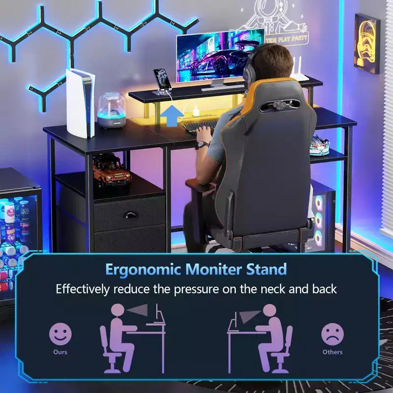 Bureau d'ordinateur de jeu réversible noir de 51 pouces avec support d'écran, classeur, étagères de rangement et prises d'alimentation LED pour table de travail PC de bureau à domicile