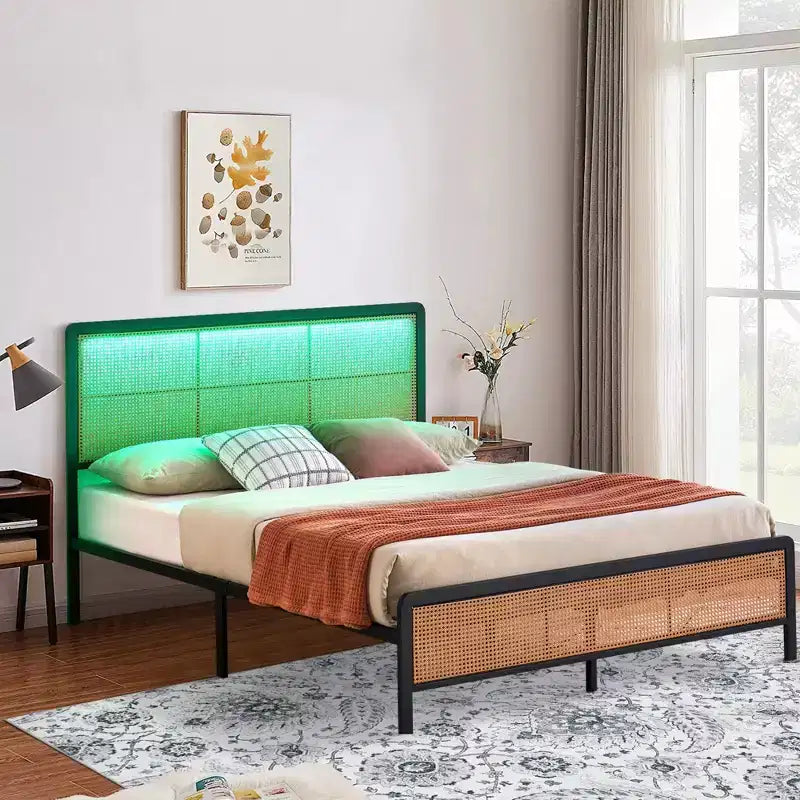 Cadre de lit plateforme en rotin avec lattes métalliques, rangement sous le lit, sommier tapissier non requis, style bohème, taille Queen, noir/blanc, avec/sans lumière LED RVB