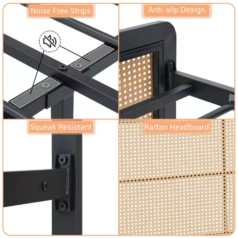 Cadre de lit plateforme en rotin avec lattes métalliques, rangement sous le lit, sommier tapissier non requis, style bohème, taille Queen, noir/blanc, avec/sans lumière LED RVB