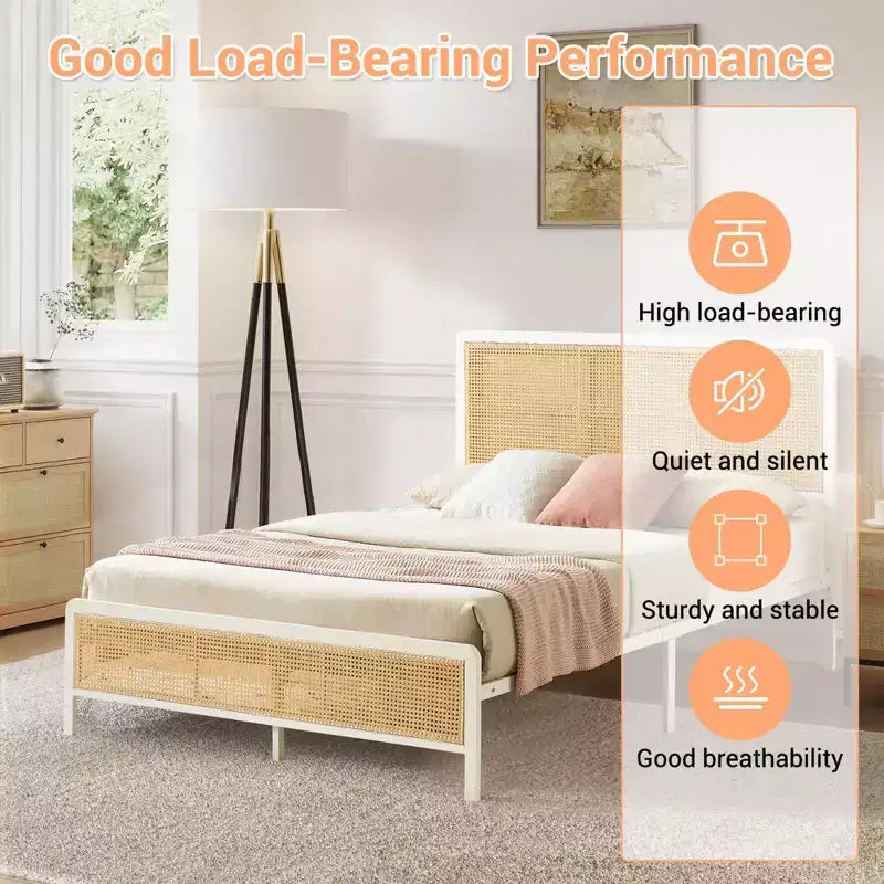 Cadre de lit plateforme en rotin avec lattes métalliques, rangement sous le lit, sommier tapissier non requis, style bohème, taille Queen, noir/blanc, avec/sans lumière LED RVB