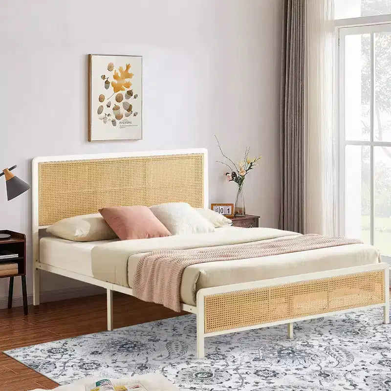 Cadre de lit plateforme en rotin avec lattes métalliques, rangement sous le lit, sommier tapissier non requis, style bohème, taille Queen, noir/blanc, avec/sans lumière LED RVB