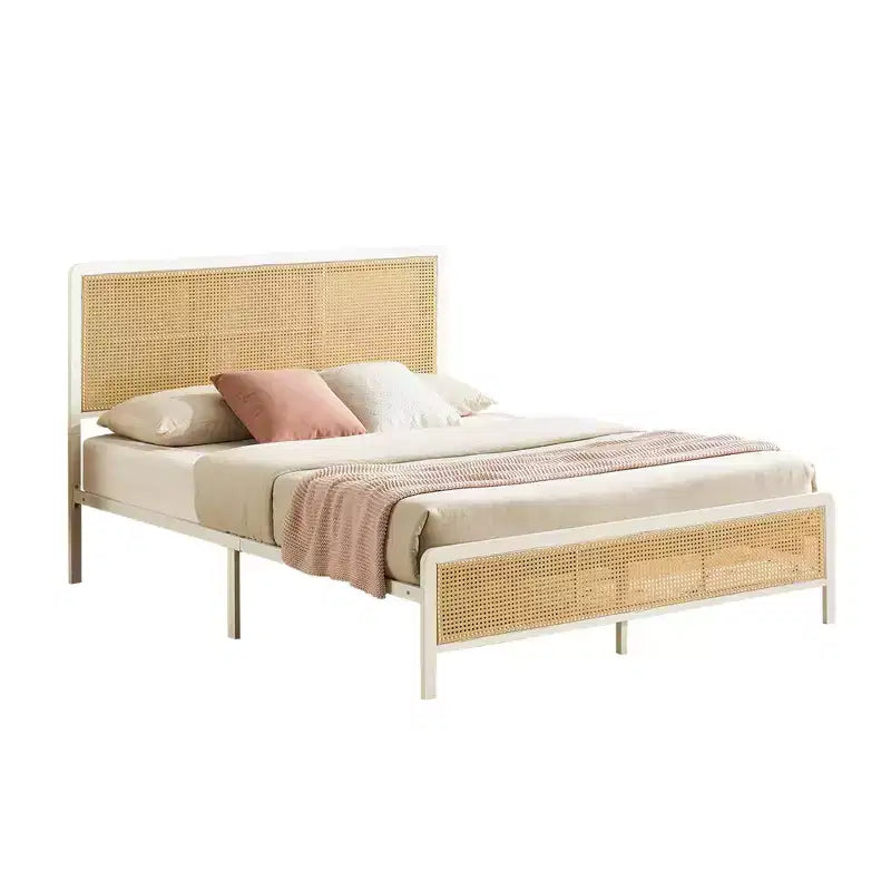 Cadre de lit plateforme en rotin avec lattes métalliques, rangement sous le lit, sommier tapissier non requis, style bohème, taille Queen, noir/blanc, avec/sans lumière LED RVB