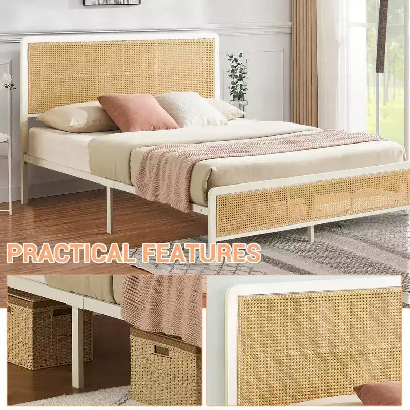 Cadre de lit plateforme en rotin avec lattes métalliques, rangement sous le lit, sommier tapissier non requis, style bohème, taille Queen, noir/blanc, avec/sans lumière LED RVB