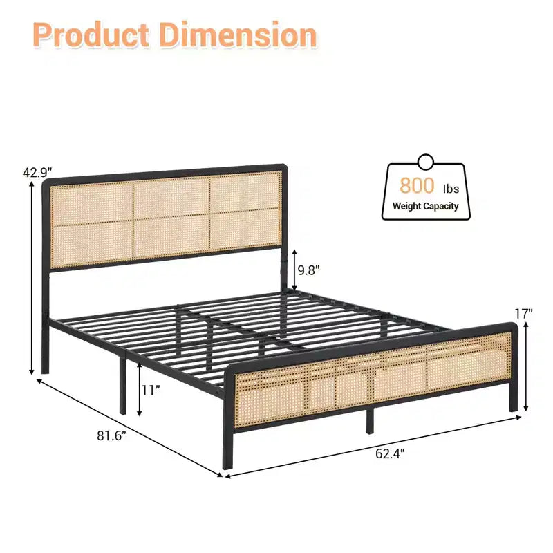 Cadre de lit plateforme en rotin avec lattes métalliques, rangement sous le lit, sommier tapissier non requis, style bohème, taille Queen, noir/blanc, avec/sans lumière LED RVB