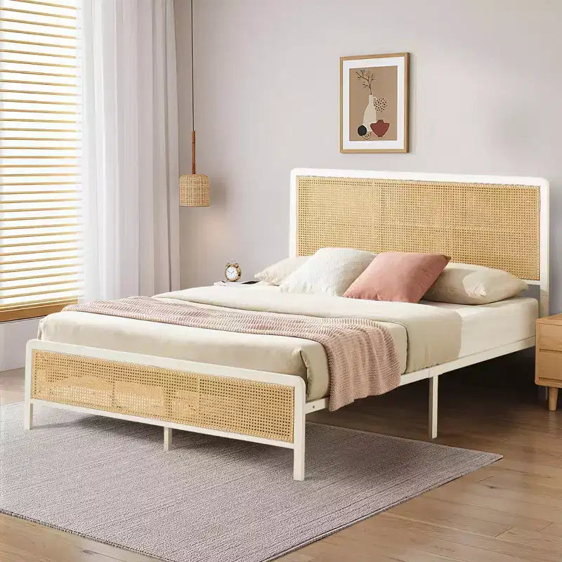 Cadre de lit plateforme en rotin avec lattes métalliques, rangement sous le lit, sommier tapissier non requis, style bohème, taille Queen, noir/blanc, avec/sans lumière LED RVB