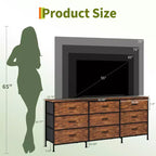 Meuble TV et commode à 9 tiroirs 63, Support TV pour téléviseurs de 55 à 70 pouces, Grand meuble de rangement avec cadre en métal et tiroirs en tissu