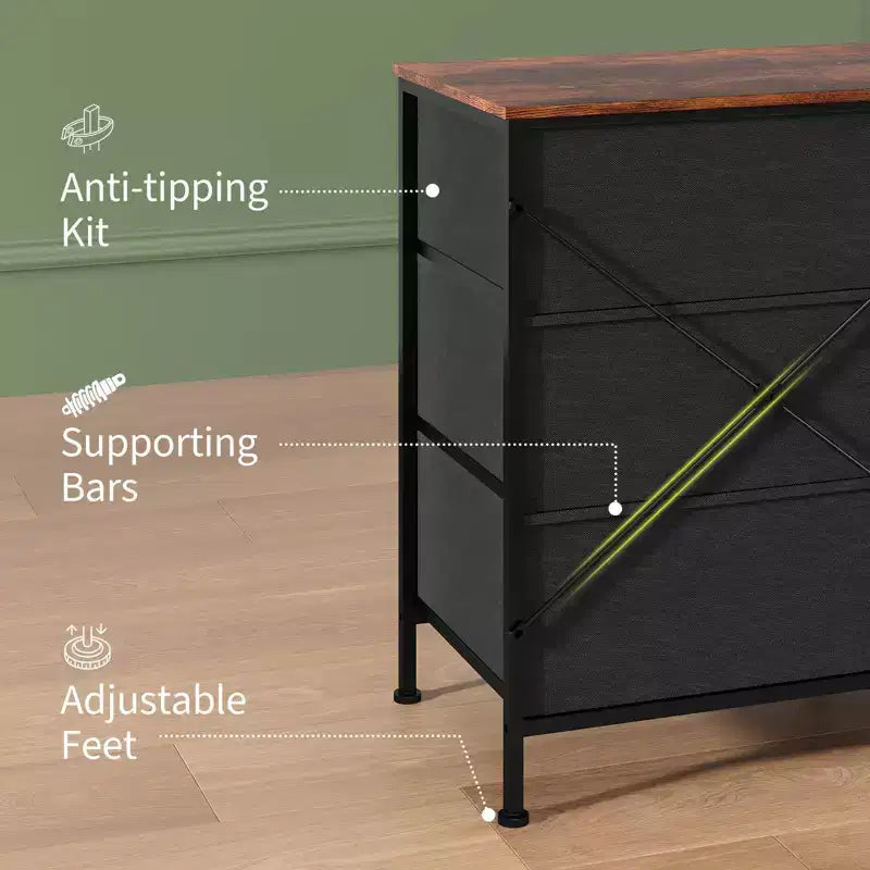 Meuble TV et commode à 9 tiroirs 63, Support TV pour téléviseurs de 55 à 70 pouces, Grand meuble de rangement avec cadre en métal et tiroirs en tissu
