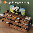 Meuble TV et commode à 9 tiroirs 63, Support TV pour téléviseurs de 55 à 70 pouces, Grand meuble de rangement avec cadre en métal et tiroirs en tissu