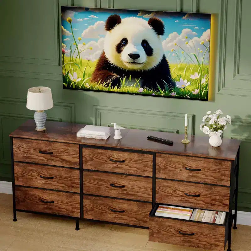 Meuble TV et commode à 9 tiroirs 63, Support TV pour téléviseurs de 55 à 70 pouces, Grand meuble de rangement avec cadre en métal et tiroirs en tissu