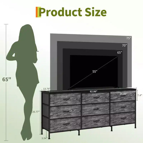 Meuble TV et commode à 9 tiroirs 63, Support TV pour téléviseurs de 55 à 70 pouces, Grand meuble de rangement avec cadre en métal et tiroirs en tissu