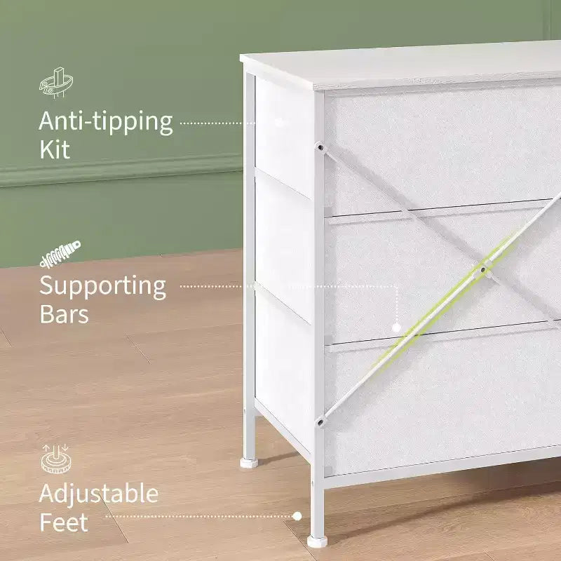 Meuble TV et commode à 9 tiroirs 63, Support TV pour téléviseurs de 55 à 70 pouces, Grand meuble de rangement avec cadre en métal et tiroirs en tissu