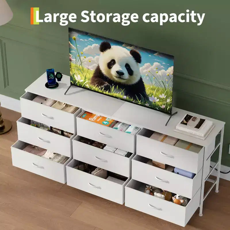Meuble TV et commode à 9 tiroirs 63, Support TV pour téléviseurs de 55 à 70 pouces, Grand meuble de rangement avec cadre en métal et tiroirs en tissu