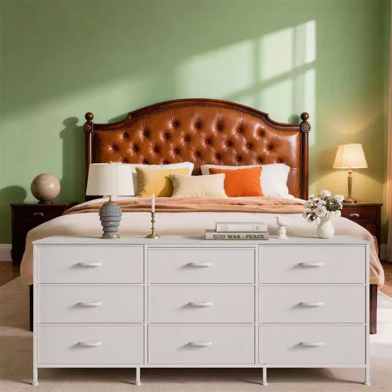 Meuble TV et commode à 9 tiroirs 63, Support TV pour téléviseurs de 55 à 70 pouces, Grand meuble de rangement avec cadre en métal et tiroirs en tissu