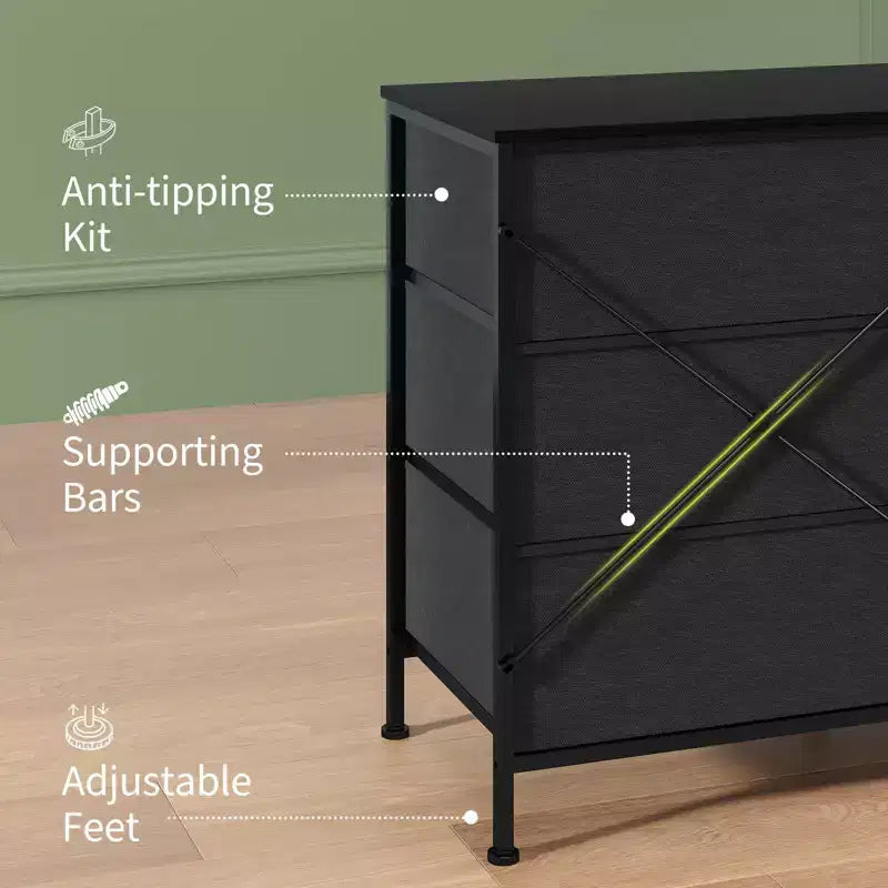 Meuble TV et commode à 9 tiroirs 63, Support TV pour téléviseurs de 55 à 70 pouces, Grand meuble de rangement avec cadre en métal et tiroirs en tissu