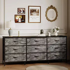 Meuble TV et commode à 9 tiroirs 63, Support TV pour téléviseurs de 55 à 70 pouces, Grand meuble de rangement avec cadre en métal et tiroirs en tissu
