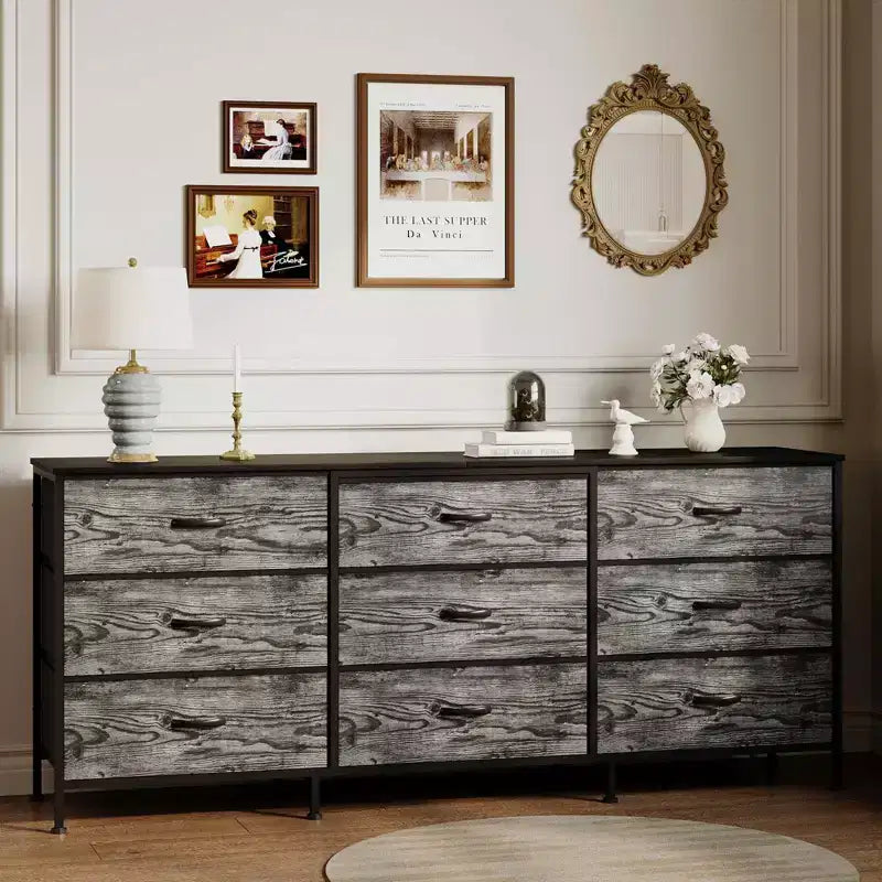 Meuble TV et commode à 9 tiroirs 63, Support TV pour téléviseurs de 55 à 70 pouces, Grand meuble de rangement avec cadre en métal et tiroirs en tissu