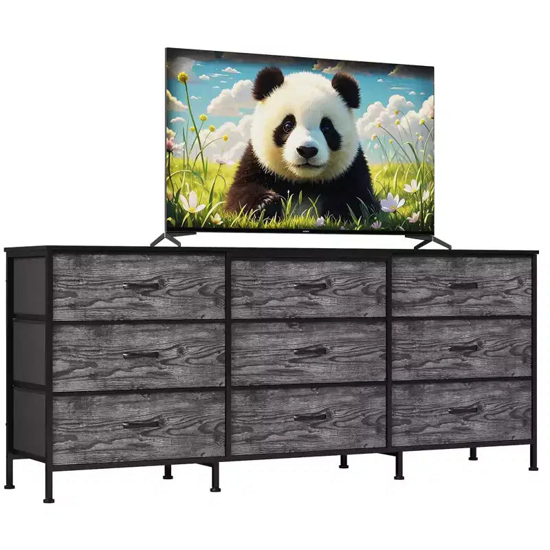 Meuble TV et commode à 9 tiroirs 63, Support TV pour téléviseurs de 55 à 70 pouces, Grand meuble de rangement avec cadre en métal et tiroirs en tissu