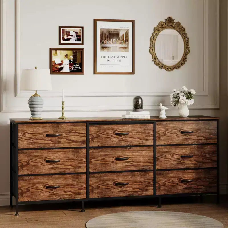 Meuble TV et commode à 9 tiroirs 63, Support TV pour téléviseurs de 55 à 70 pouces, Grand meuble de rangement avec cadre en métal et tiroirs en tissu